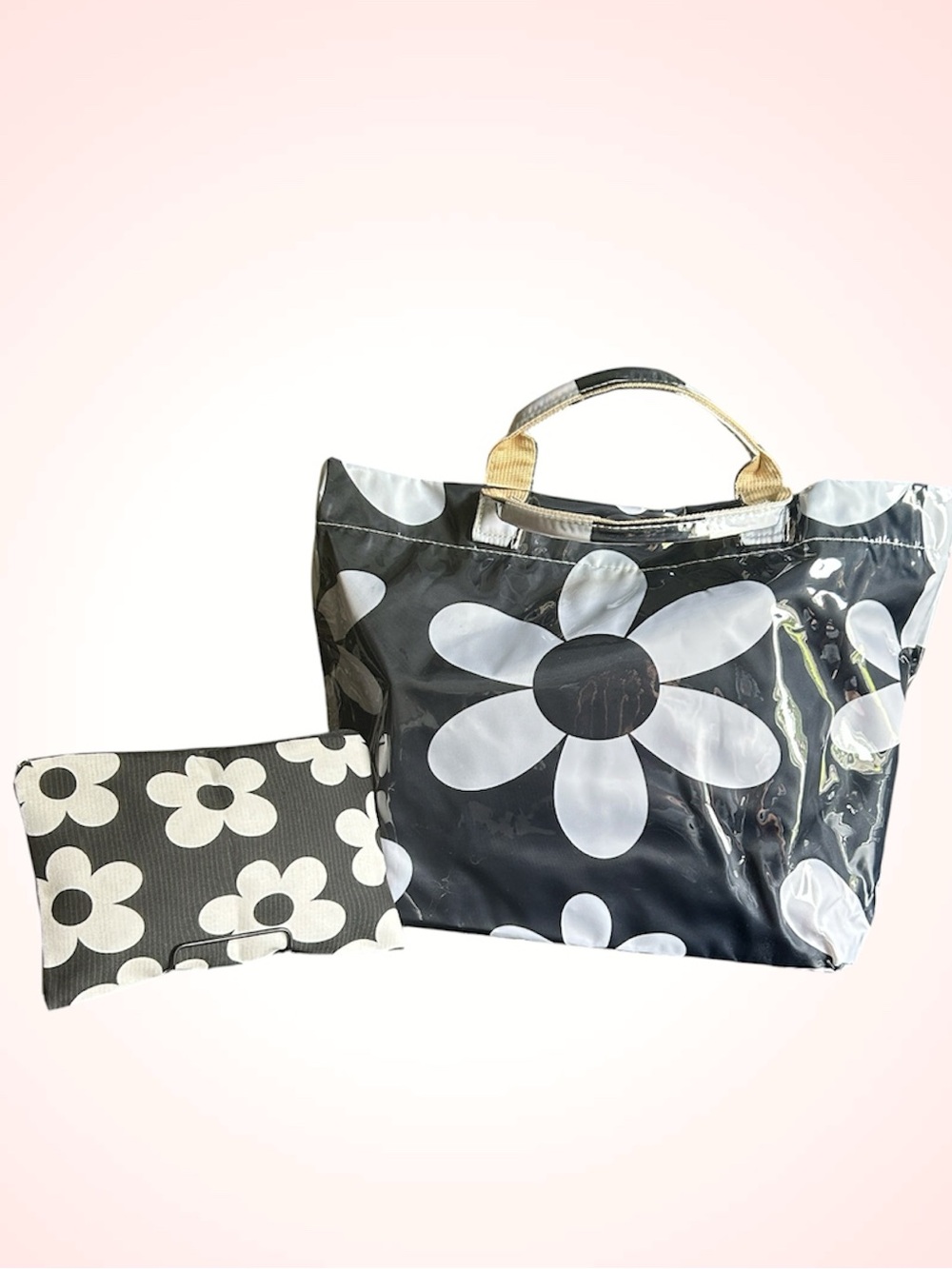 Y2K Glossy Black & White Daisy Print Tote Bag & a similar polyester makeup bag.